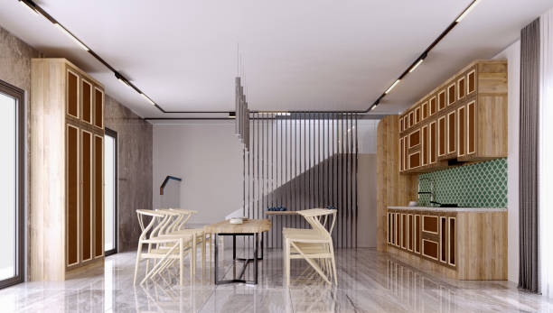 istock 3d rendering,3d illustration, Interior Scene and  Mockup,dinning room and kitchen interior,wooden details furniture. 1438591011