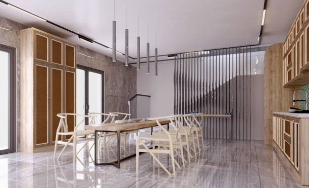 istock 3d rendering,3d illustration, Interior Scene and  Mockup,dinning room and kitchen interior,wooden details furniture. 1438591020