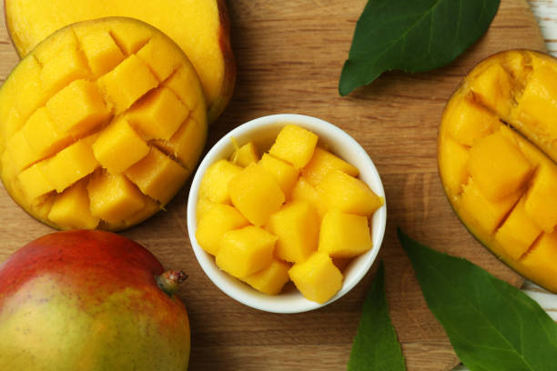 istock Tasty ripe mango fruit on wooden table 1438591154