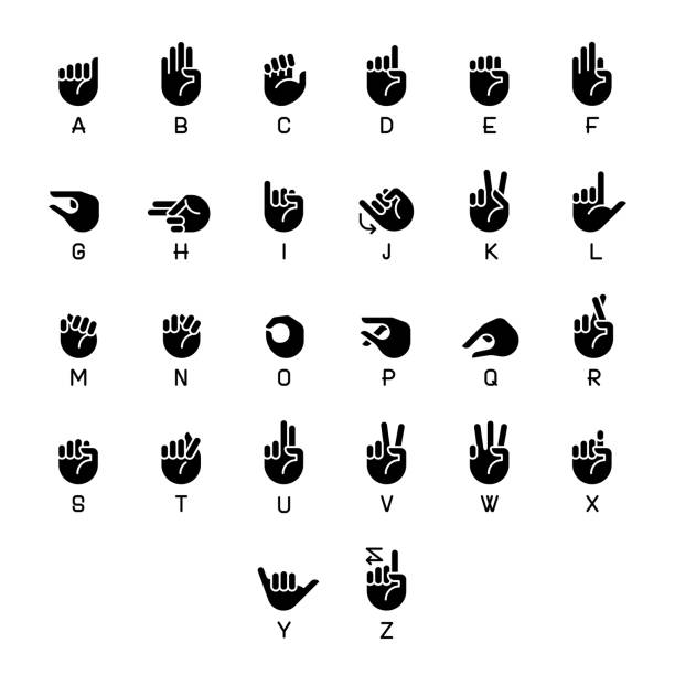 Letters in American sign language black glyph icons set on white space Letters in American sign language black glyph icons set on white space. Gestures for alphabet. Communication process. Silhouette symbols. Solid pictogram pack. Vector isolated illustration alphabet silhouettes stock illustrations