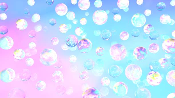 Holographic bubbles. 3d illustration. Abstract background. Fairy wallpaper. Cosmic. Planets. Pink. Blue. Fantasy. Girly. Unicorn colors. stock photo