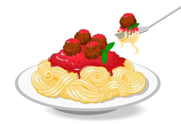 Plate of spaghetti or tagliatelle with meatballs and tomato sauce, pasta at fork. Classic italian pasta dish, vector illustration. Plate of spaghetti or tagliatelle with meatballs and tomato sauce, pasta at fork. Classic italian pasta dish, vector illustration. spaghetti stock illustrations