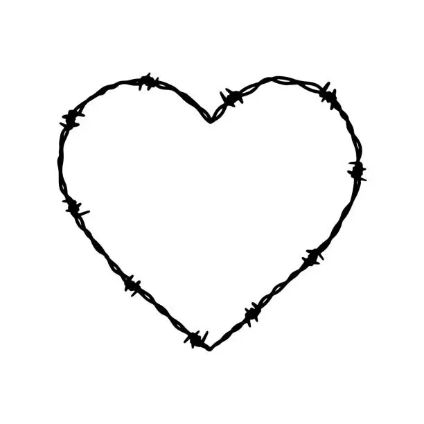 Vector illustration of Barbed wire heart shape frame. Hand drawn vector illustration in sketch style. Design element for military, security, prison, slavery concepts