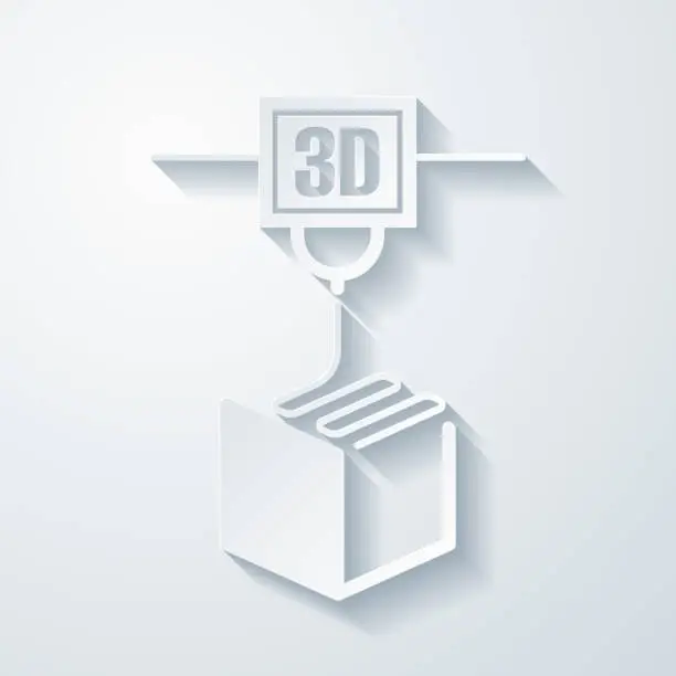 Vector illustration of 3D printer. Icon with paper cut effect on blank background