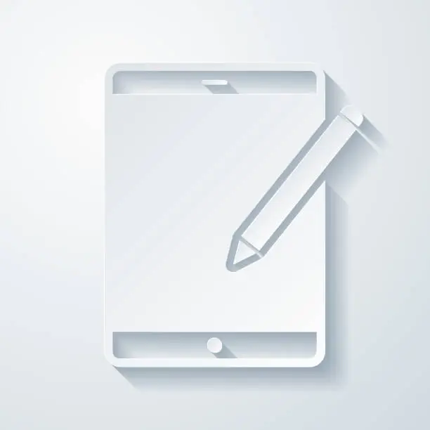 Vector illustration of Tablet PC with pen. Icon with paper cut effect on blank background