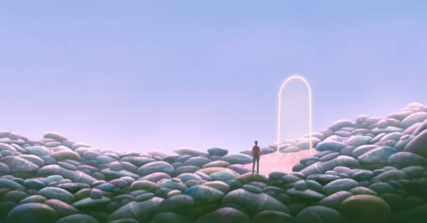 istock A man and mystery door. Conceptual artwork of success, solution, change, choice, dream and life. Concept art. surreal painting. 1438599046