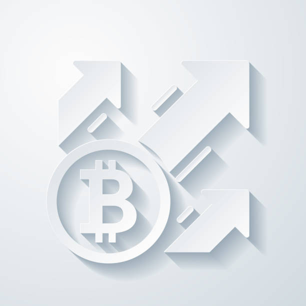 ilustraciones, imágenes clip art, dibujos animados e iconos de stock de aumento de bitcoin. icono con efecto de corte de papel sobre fondo en blanco - moving up prosperity growth arrow sign