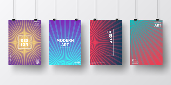 Four realistic posters in vertical position with modern and trendy backgrounds, isolated on white wall. Abstract colorful illustrations. Geometric designs with lines and beautiful color gradients (colors used: Red, Purple, Pink, Orange, Green, Blue, Turquoise, Yellow). Template for your own design, with space for your text. The layers are named to facilitate your customization. Vector Illustration (EPS10, well layered and grouped), wide format (2:1). Easy to edit, manipulate, resize and colorize.