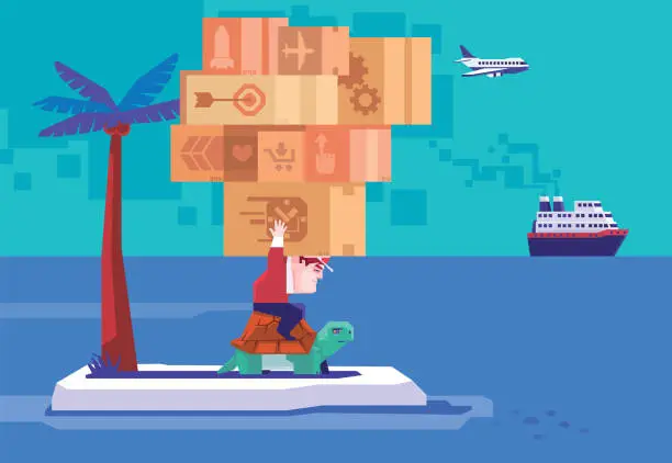 Vector illustration of courier holding stack of cartons on island