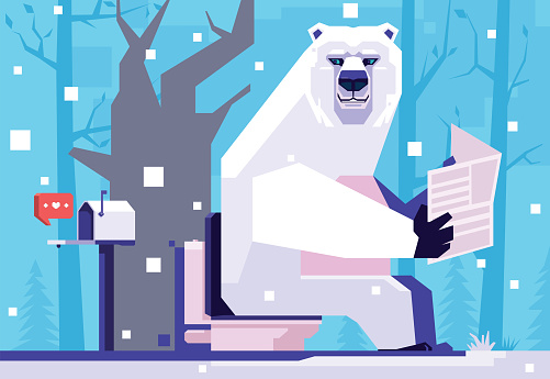 polar bear finding message notification icon on mailbox while sitting on toilet bowl and reading newspaper