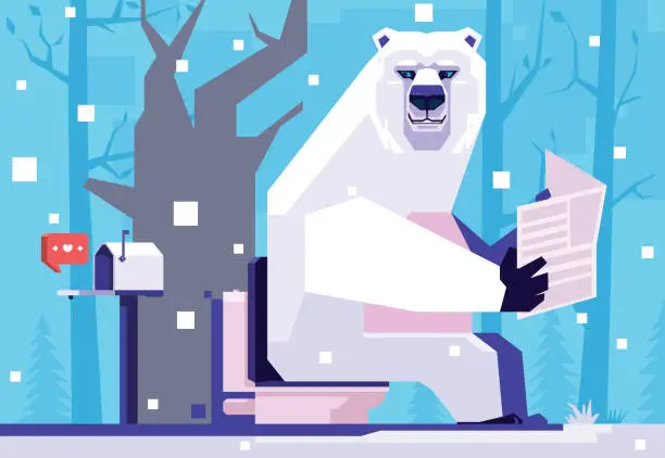 Vector illustration of polar bear finding message notification icon on mailbox while sitting on toilet bowl and reading newspaper