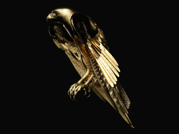 istock A golden falcon with folded wings. Side view. 3D illustration. 1438600540