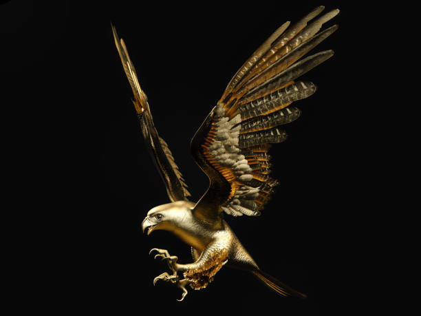 istock A golden falcon spreading its wings. Side view. 3D illustration. 1438600546