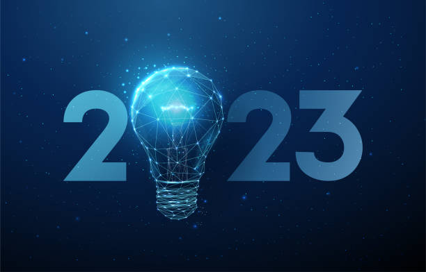 istock Abstract Happy 2023 New Year greeting card with light bulb 1438601754