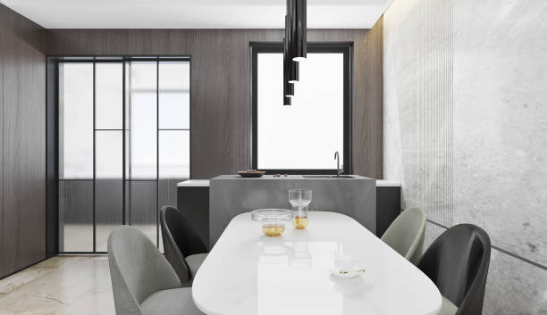 istock Modern Dining and kitchen interior with dining table and chairs. 3D illustration 1438603023