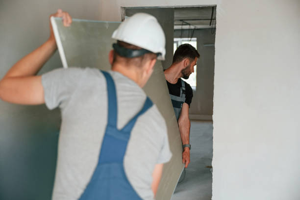 istock Moving construction pieces by hands. Two men is making repairs in the apartment together 1438603048