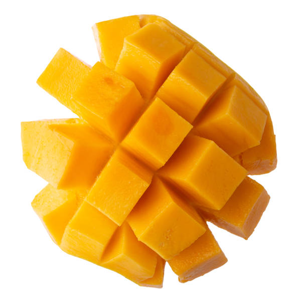 istock Mango cubes and mango slices isolated on a white background 1438605059