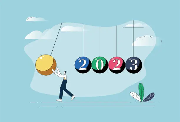 Vector illustration of In 2023, white-collar workers push the pendulum.