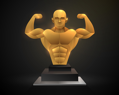 Gold bodybuilding champion award isolated on black background. Bodybuilder golden statue for physique competition winner award.