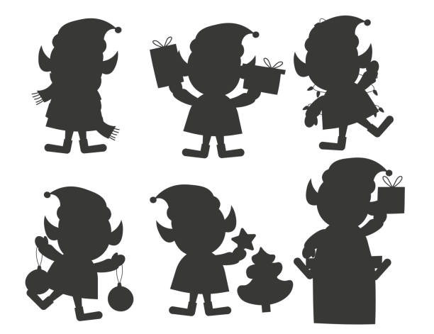 Vector illustration Set of christmas santa claus elf. Silhouettes isolated on white background.