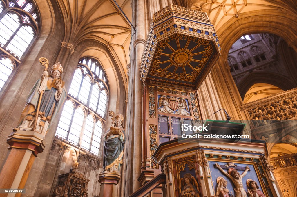 Interior architecture of Canterbury Cathedral Interior architecture of Canterbury cathedral in Kent, UK. Anglican Stock Photo
