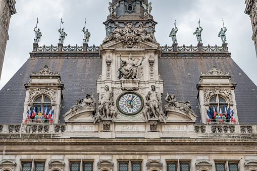 The clock on the central section of the Hotel de Ville, Paris, France