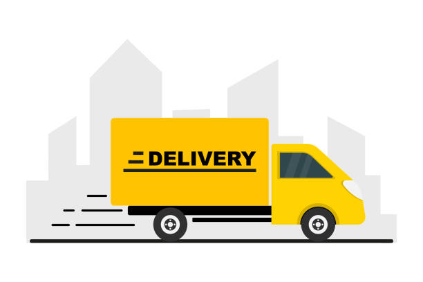 istock Delivery service concept. Delivery van on city background. Fast delivery in the city. Vector illustration of yellow truck delivery. Cargo auto. Fast service truck 1438608736