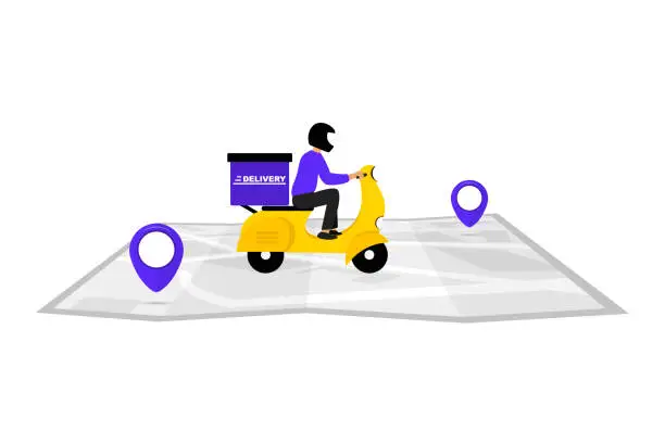 Vector illustration of Delivery service concept. A pictures on the theme of fast delivery in the city. Scooter courier. Fast delivery by scooter. Online order tracking, delivery. Vector illustration