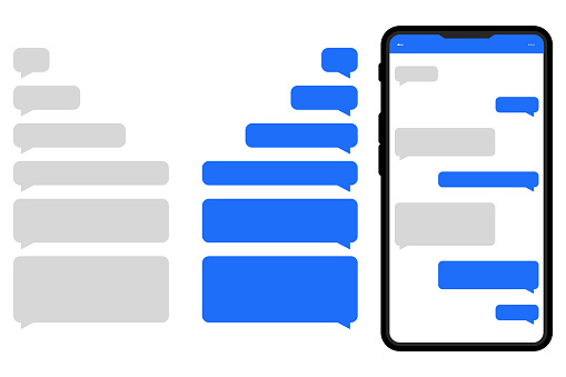 Smartphone with messenger chat on screen. Chat templates, message, speech bubbles in flat style. Template of message bubbles, chat boxes icons. Sms bubbles for compose dialogues