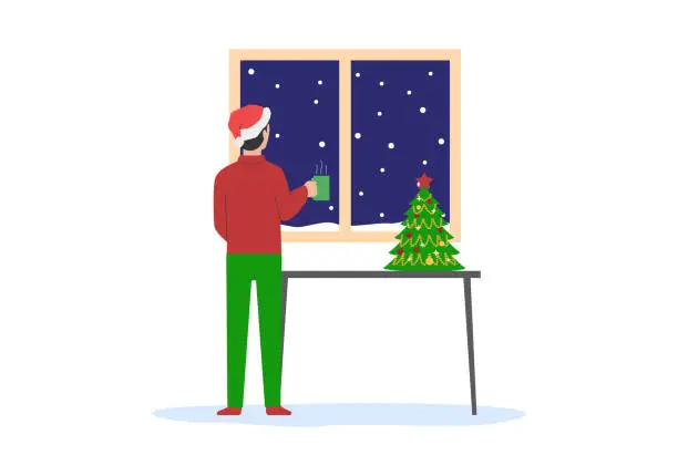 Vector illustration of Merry Christmas and Happy New Year. Man With Cup OF Cofee Is Standing In Front Of Window With Night Xmas View. Holiday Greetings, Family Celebration Concept. Outline Linear Flat Vector illustration