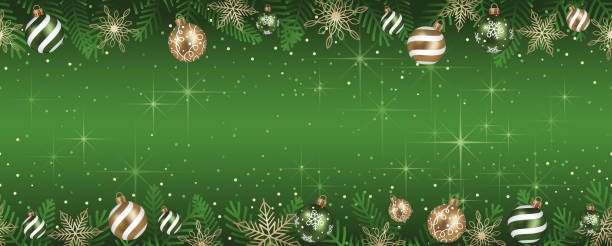 nahtlose abstrakte vektorillustration mit weihnachtskugeln und leuchtend grünem hintergrund mit textraum. - christmas gold green backgrounds stock-grafiken, -clipart, -cartoons und -symbole