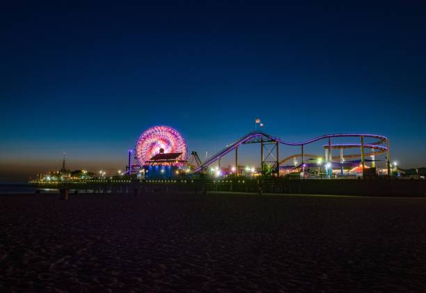 istock Illuminated roller coaster in Santa Monica, CA at night 1438611395