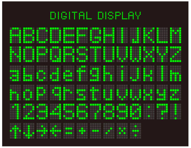 istock Illustration of alphabet and numbers on digital display. Clock face on digital display. 1438611622