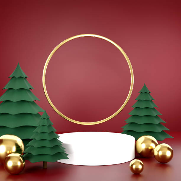 istock 3D rendering christmas ball and christmas tree on red background 1438611854