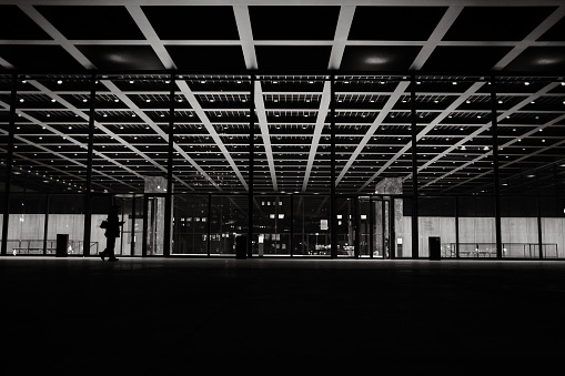 Berlin, Germany – October 27, 2022: A greyscale shot of the Neue Nationalgalerie museum in Berlin, Germany