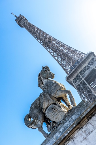 A low-angle shot of the Eiffel Tower in Paris, France