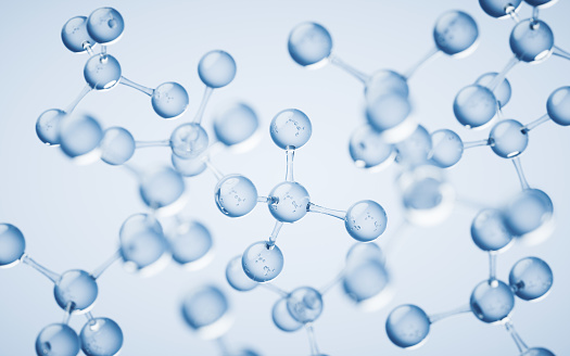 Moléculas con fondo azul, renderizado 3D. photo