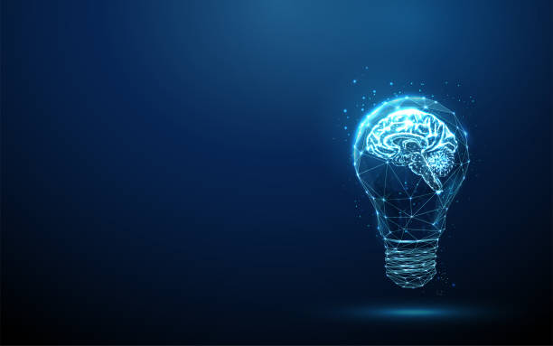 Abstract blue glowing light bulb with brains inside. Abstract blue glowing light bulb with brains inside. Low poly style design. Abstract geometric background. Wireframe light connection structure. Modern 3d graphic concept. Vector illustration. trademark stock illustrations
