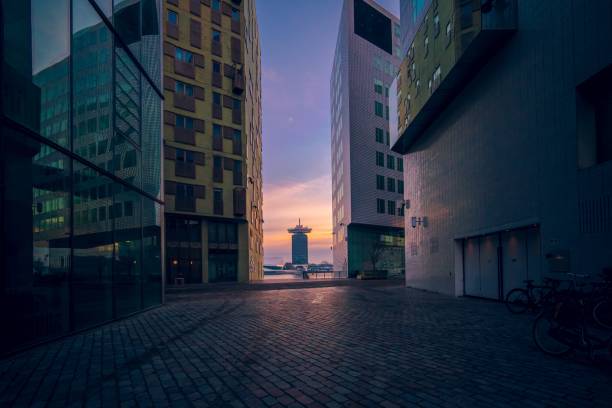 istock Modern buildings with glass windows under a cloudy sky during the sunset in the evening 1438615514