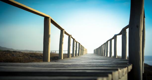 나무 난간과 아름다운 밝은 하늘을 배경으로 한 산책로 - boardwalk pontoon bridge landscape sky 뉴스 사진 이미지