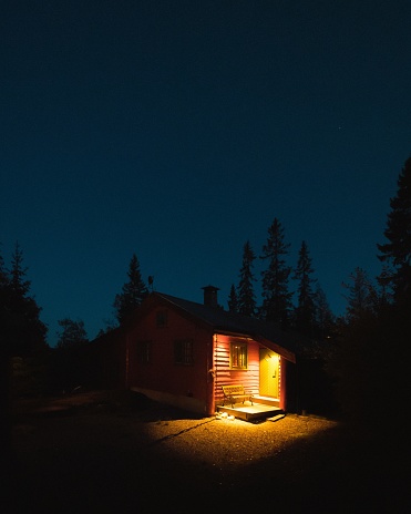 A vertical shot of an illuminated cabin in a forest surrounded by a lot of trees at night in Norway