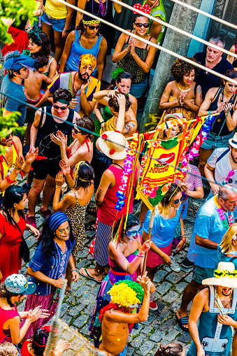 Rio de Janeiro, Brazil – January 11, 2016: Amazing fun at a Colourful Carnival celebration in the streets of Santa Terresa Rio de Janeiro Brazil