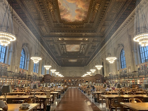 A high angle shot of the inside of the New York Public Library, USA