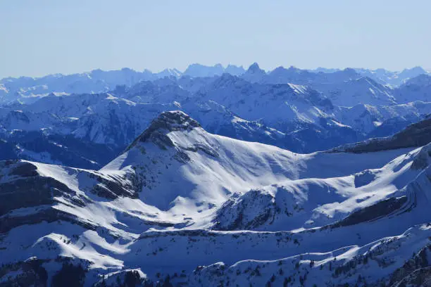 Snow covered mountain Ranges in the Swiss and Austrian Alps.