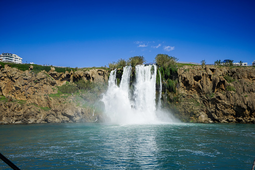 Duden Waterfalls, formed by the recycle station water. Antalya is a very popular holiday destination on the Mediterranean coast, Turkey.