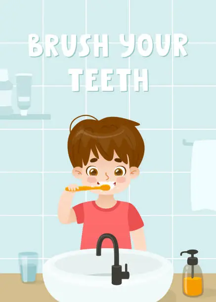 Vector illustration of Dental hygiene poster for kids. Banner with cartoon boy brushing his teeth in bathroom. Brush your teeth text.