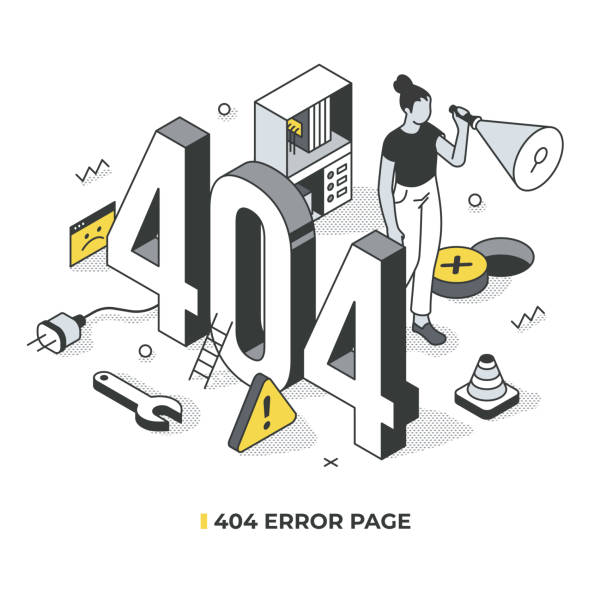 illustrazioni stock, clip art, cartoni animati e icone di tendenza di scena isometrica della pagina di errore 404 - mistake error message internet failure