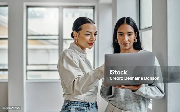 Laptop Women And Digital Marketing Employees On A Blog Website Working On Cool Trendy Online Fashion Content Branding Teamwork And Social Media Page Editors Researching Current Trendy Post Ideas Stock Photo - Download Image Now