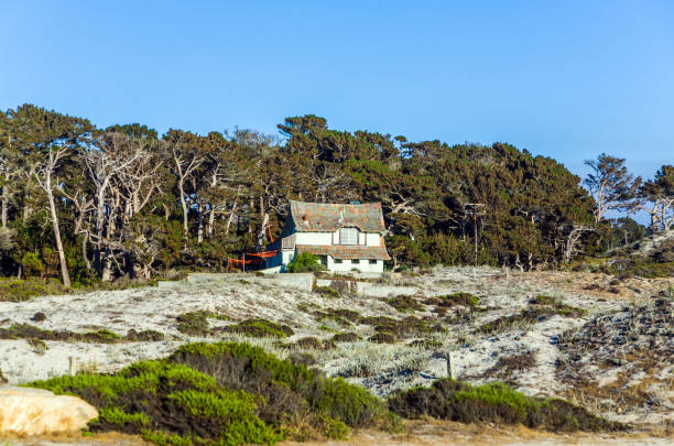 belas casas perto da praia pfeiffer na califórnia com campo de golfe - pebble beach california golf golf course carmel california - fotografias e filmes do acervo