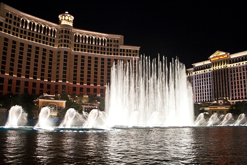 Las Vegas, USA -July 18, 2008:  Las Vegas Bellagio Hotel Casino, featured with its world famous fountain show, at night with fountains in Las Vegas, Nevada.